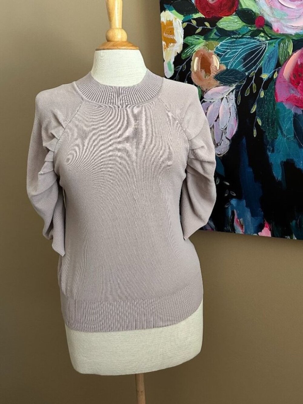 Böhme Lavender Puff Sleeve Knit Sweater Feminine Top Size L